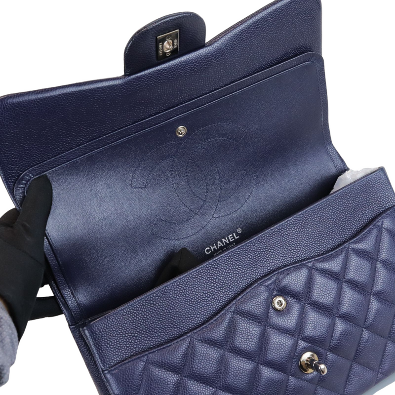 Caviar Quilted Jumbo Double Flap Dark Blue SHW