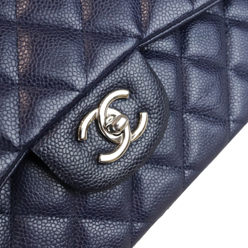 Caviar Quilted Jumbo Double Flap Dark Blue SHW