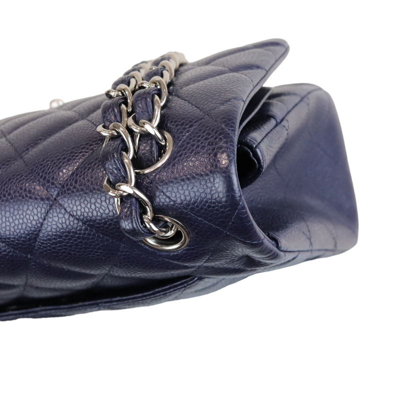 Caviar Quilted Jumbo Double Flap Dark Blue SHW