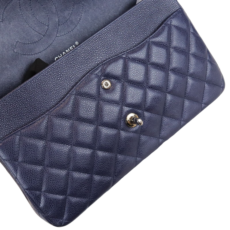 Caviar Quilted Jumbo Double Flap Dark Blue SHW