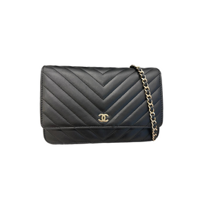 Lambskin Chevron Wallet on Chain WOC Black GHW