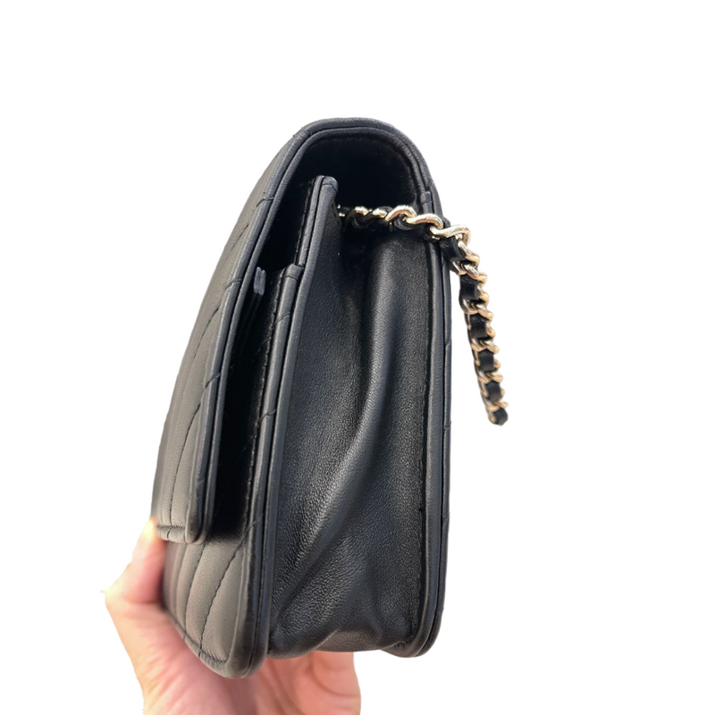 Lambskin Chevron Wallet on Chain WOC Black GHW