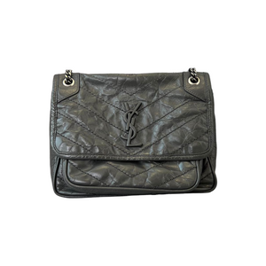 Crinkled Calfskin Medium Niki Chain Satchel Grey RHW