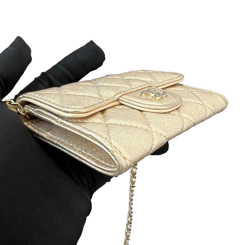 Lambskin Quilted Flap Card Holder With Belt Champagne GHW