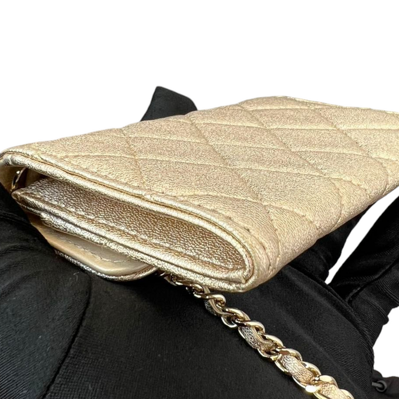 Lambskin Quilted Flap Card Holder With Belt Champagne GHW
