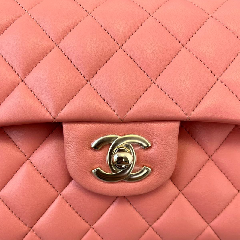 CHANEL, Bags, Chanel Mini Classic Flap Pink Coral Orange Lambskin  Rectangular Crossbody Silver