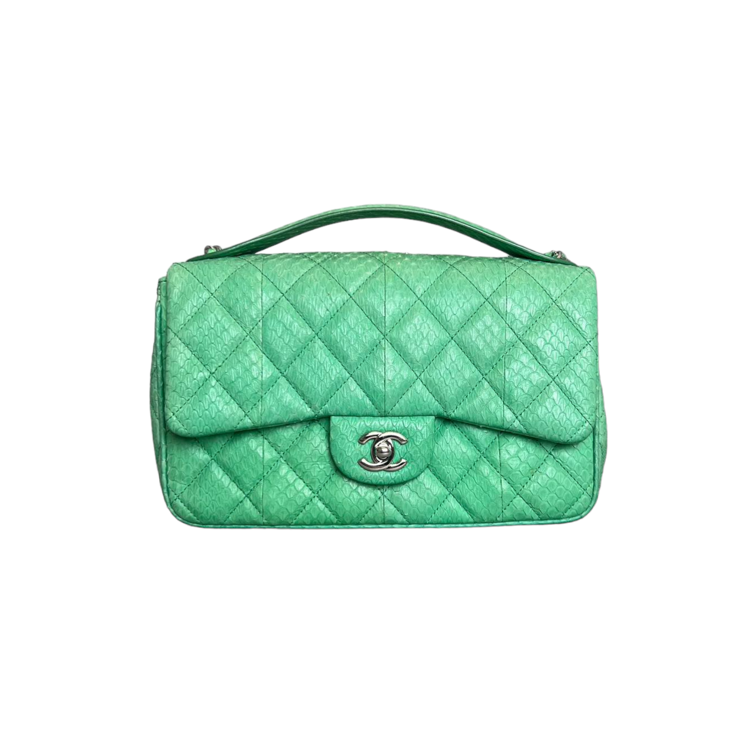 Chanel Easy Carry Flap Bag Quilted Snakeskin Medium Green SHW