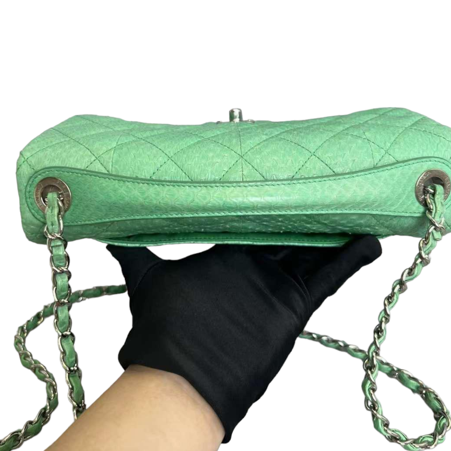 Chanel Easy Carry Flap Bag Quilted Snakeskin Medium Green SHW