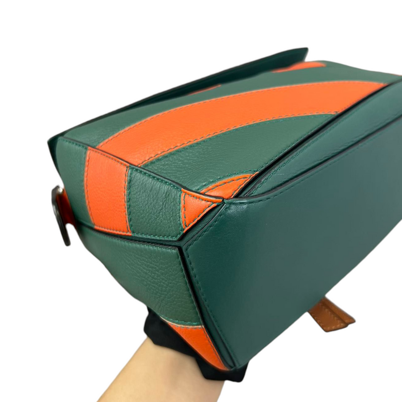 Calfskin Rugby Small Puzzle Bag Orange and Green SHW