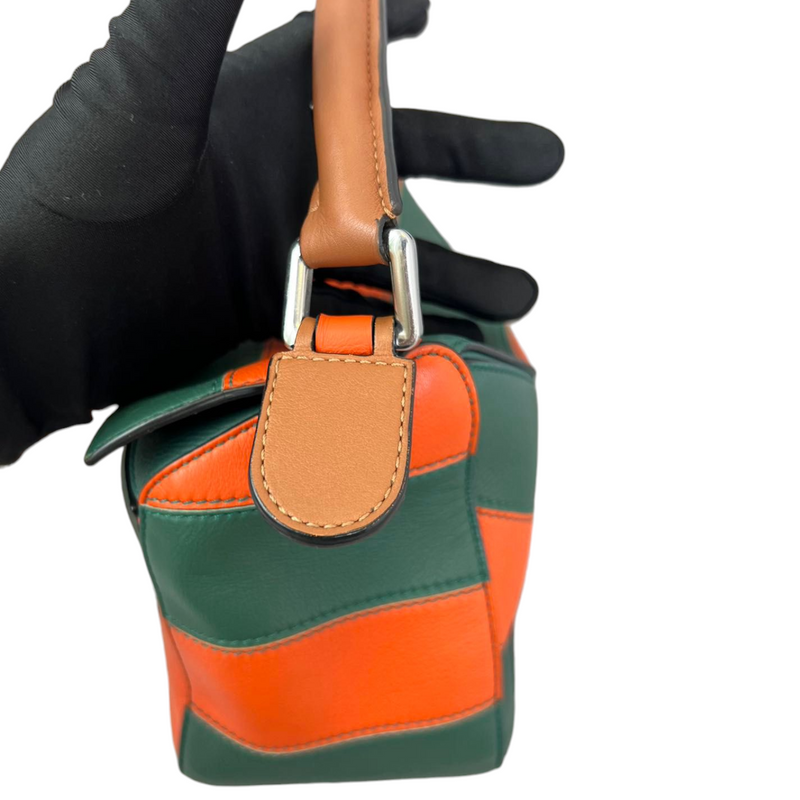 Calfskin Rugby Small Puzzle Bag Orange and Green SHW