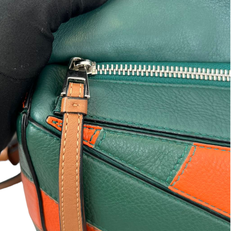 Calfskin Rugby Small Puzzle Bag Orange and Green SHW