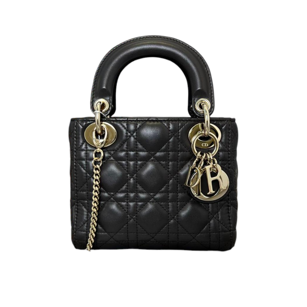 Lambskin Cannage Mini Lady Dior Black Gold Strap GHW