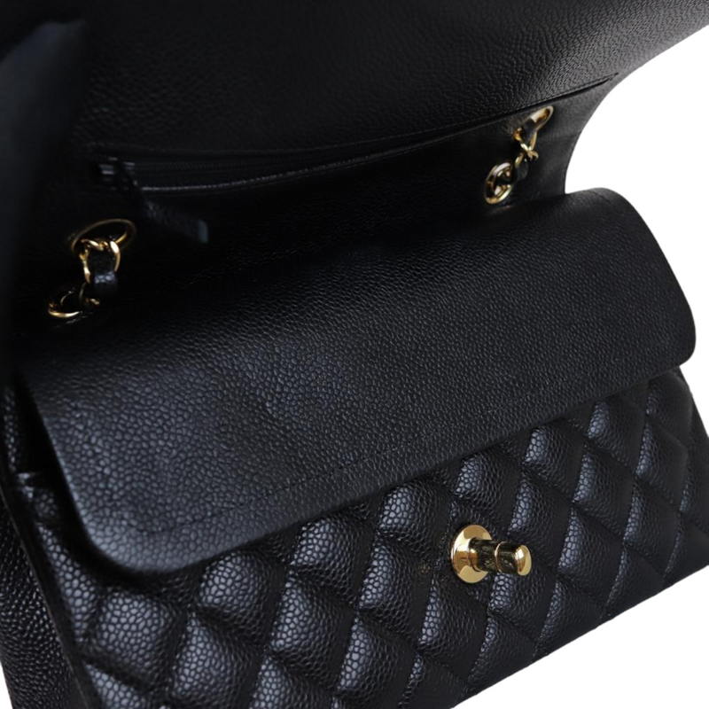 Caviar Quilted Medium Double Flap Black GHW