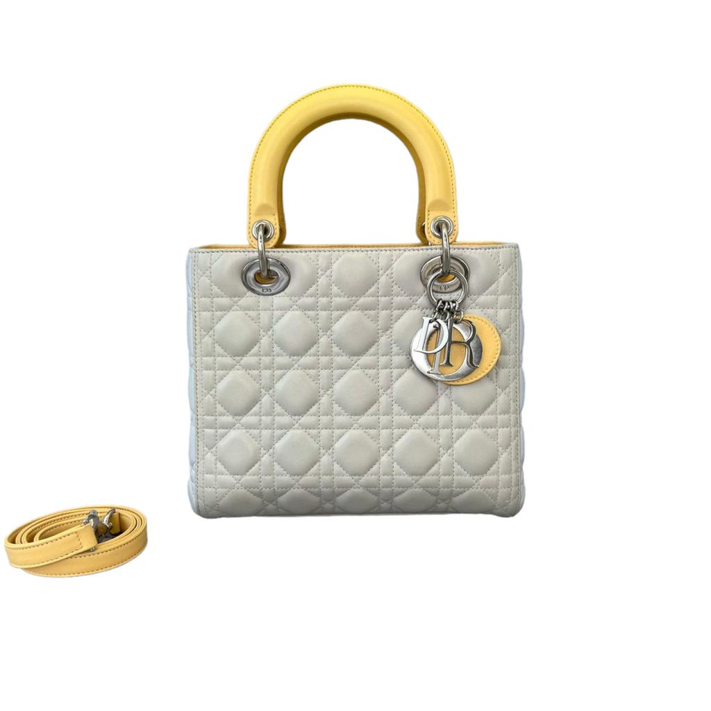 Lambskin Medium Tri-Color Lady Dior White Grey Yellow SHW