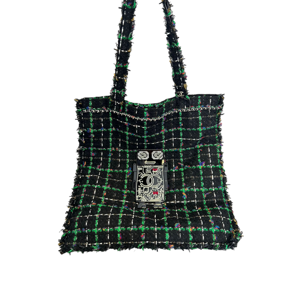 Robot Shoulder Tote Tweed Black Green SHW