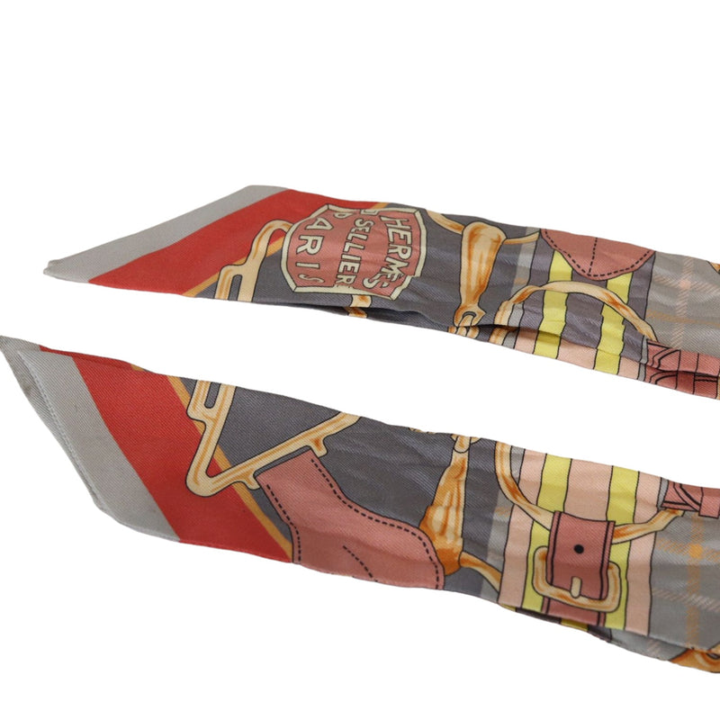 Twilly Set Silk Scarf in Yellow, Red, Silver and Coral Geometric Design