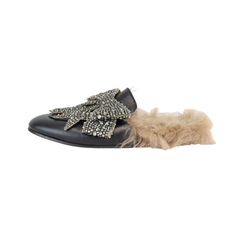 Flat Mules Crystal Embellished Leather and Fur Black Size 38