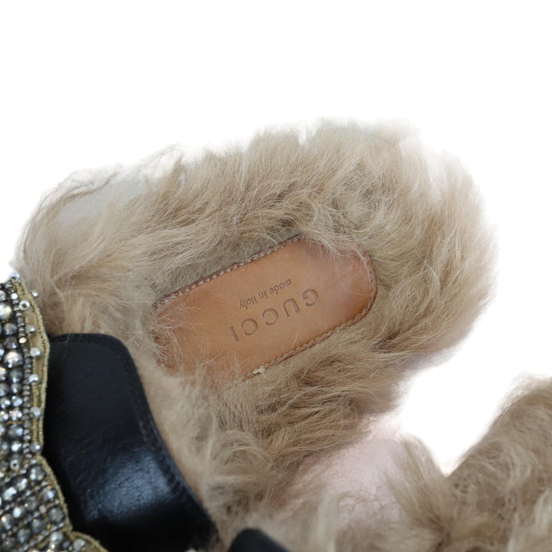 Flat Mules Crystal Embellished Leather and Fur Black Size 38