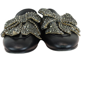 Flat Mules Crystal Embellished Leather and Fur Black Size 38