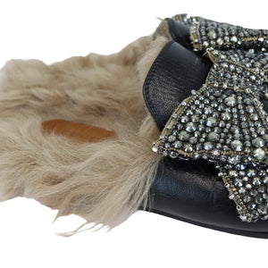 Flat Mules Crystal Embellished Leather and Fur Black Size 38