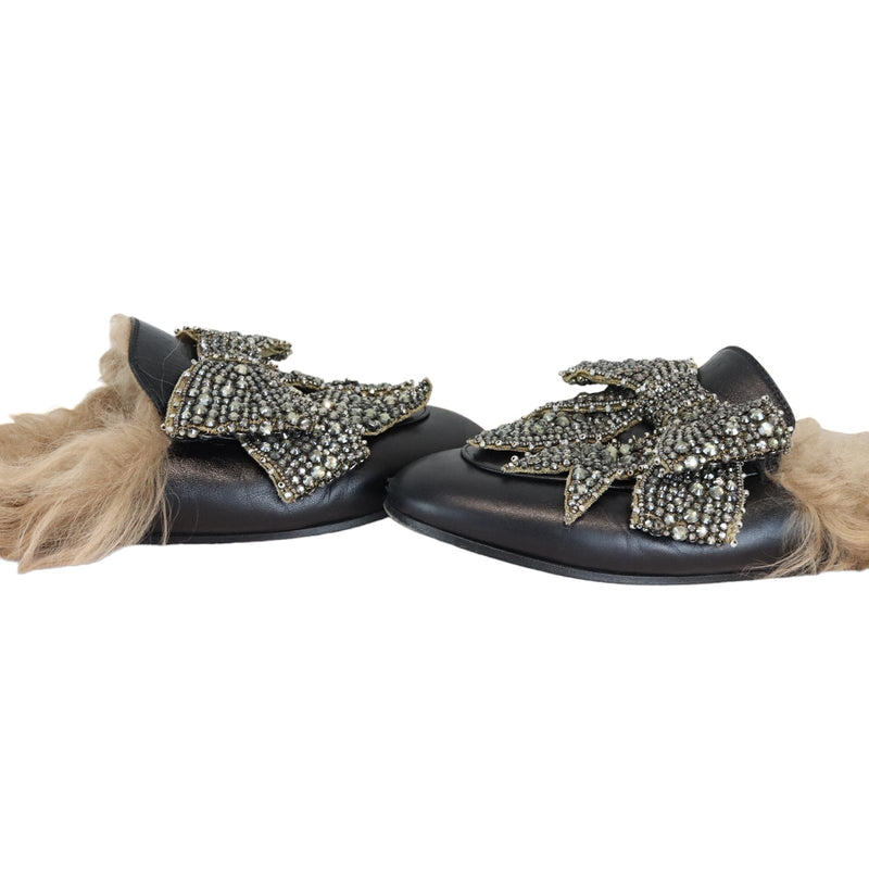 Flat Mules Crystal Embellished Leather and Fur Black Size 38