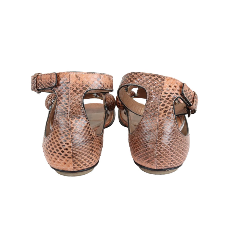 Studded T-Strap Sandals Python Brown Size 37.5 SHW