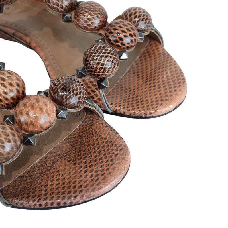 Studded T-Strap Sandals Python Brown Size 37.5 SHW