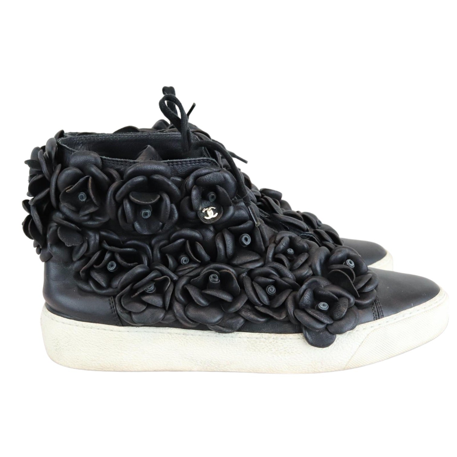 Chanel Camellia High Top Sneakers Calfskin Black Size 8