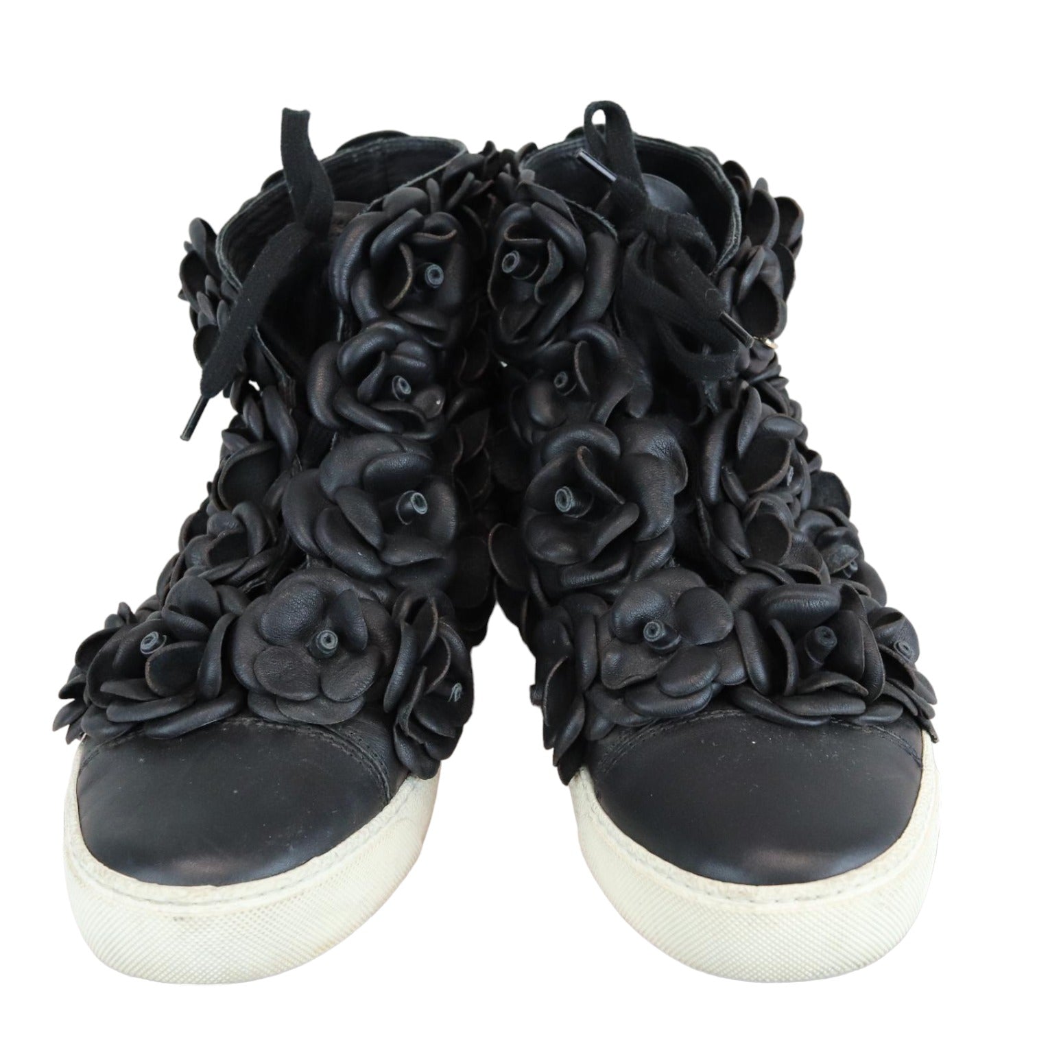 CHANEL★素敵！BLACK LEATHER CAMELLIA CC PLATFORM OXFORDS NIB CHANEL BLACK LEATHER CAMELLIA CC PLATFORM CAP TOE LACE