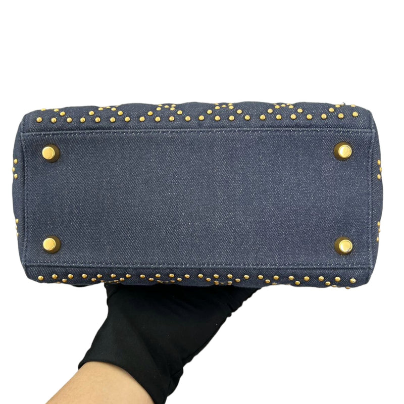 Gold Studded Medium Lady Dior Denim Cannage Blue GHW