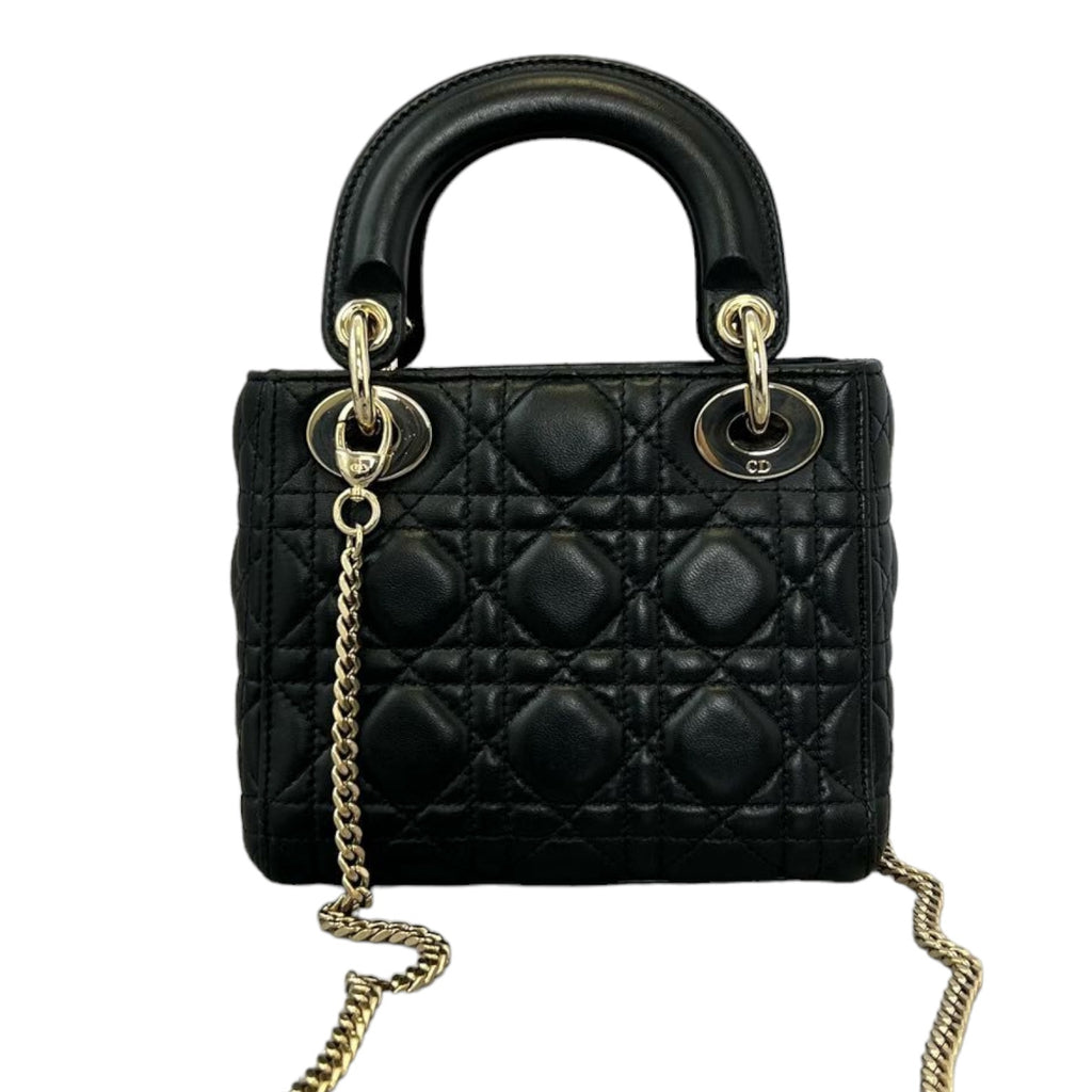 Mini Lady Dior Gold Strap Lambskin Cannage Black GHW