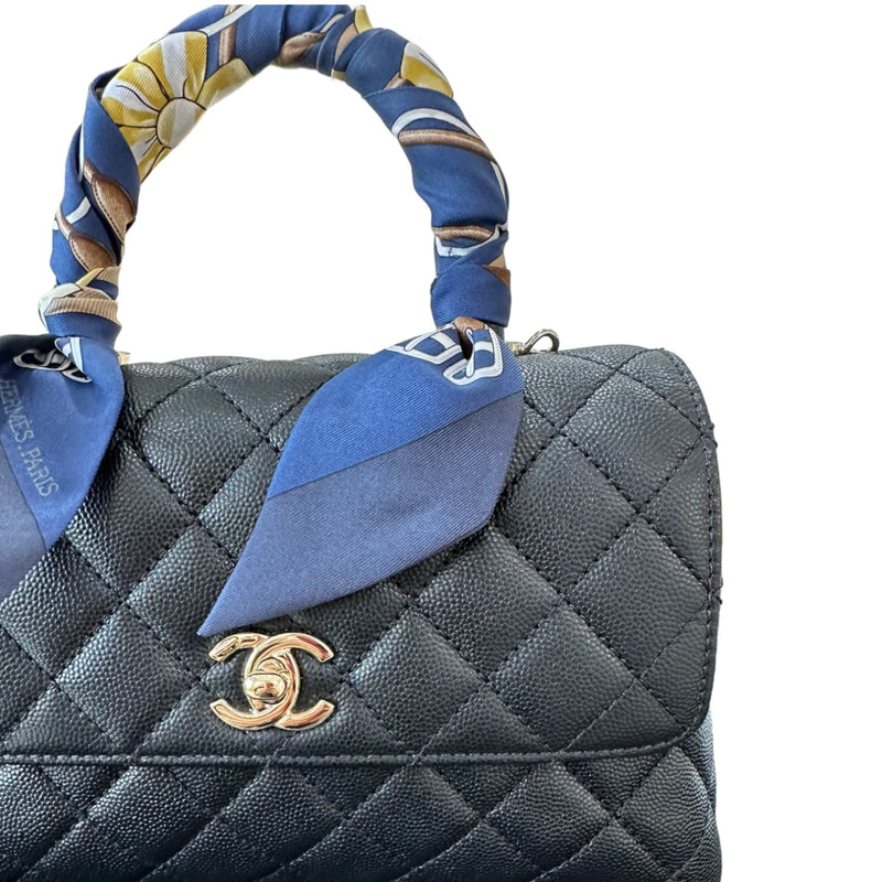 Coco Handle Mini Caviar Quilted with Hermes Twilly Black GHW