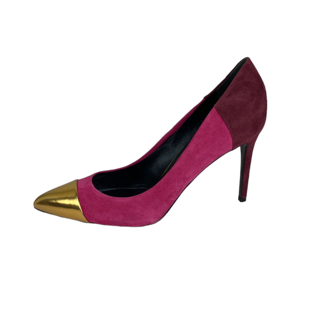 Semi-Pointed Toes Colorblock Pattern Pumps Suede Pink Size 39.5