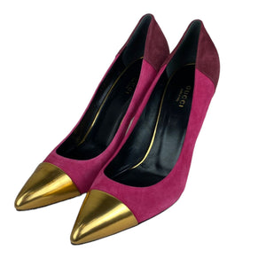Semi-Pointed Toes Colorblock Pattern Pumps Suede Pink Size 39.5