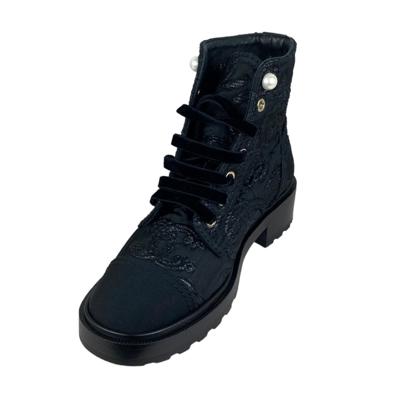 CC Combat Short Boots Tweed Grosgrain Black Size 38.5