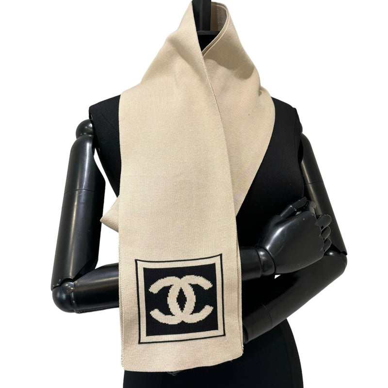 Tan Knit CC Logo Cotton Scarf Ivory