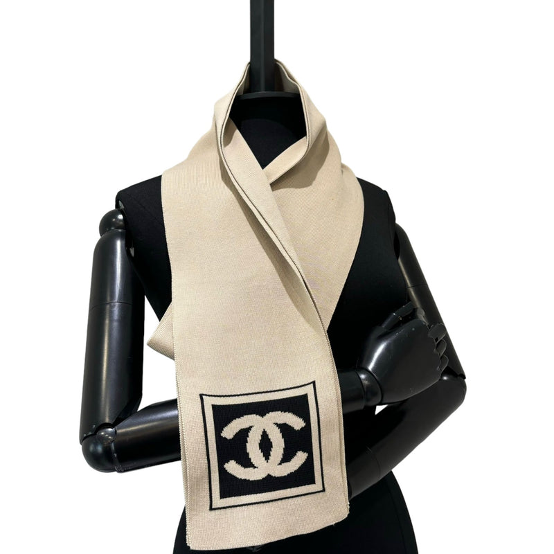 Tan Knit CC Logo Cotton Scarf Ivory