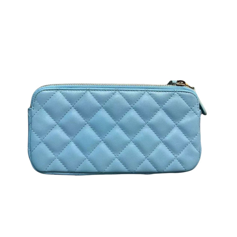 Wallet on Chain WOC Small Lambskin Quilted Light Blue GHW