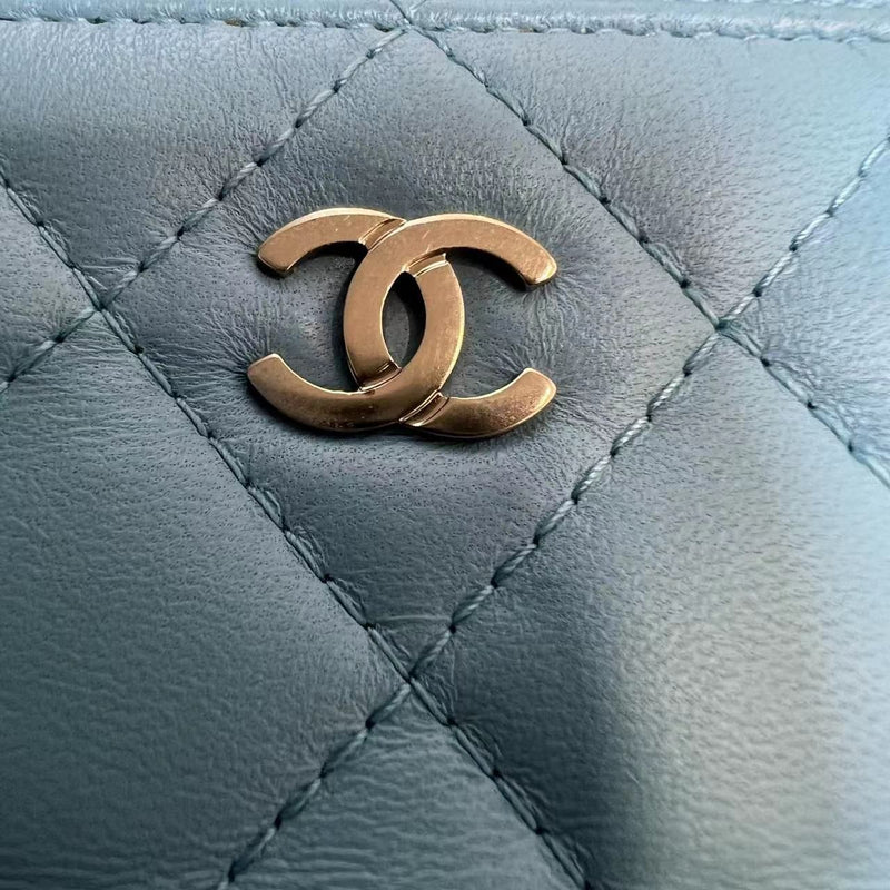 Wallet on Chain WOC Small Lambskin Quilted Light Blue GHW