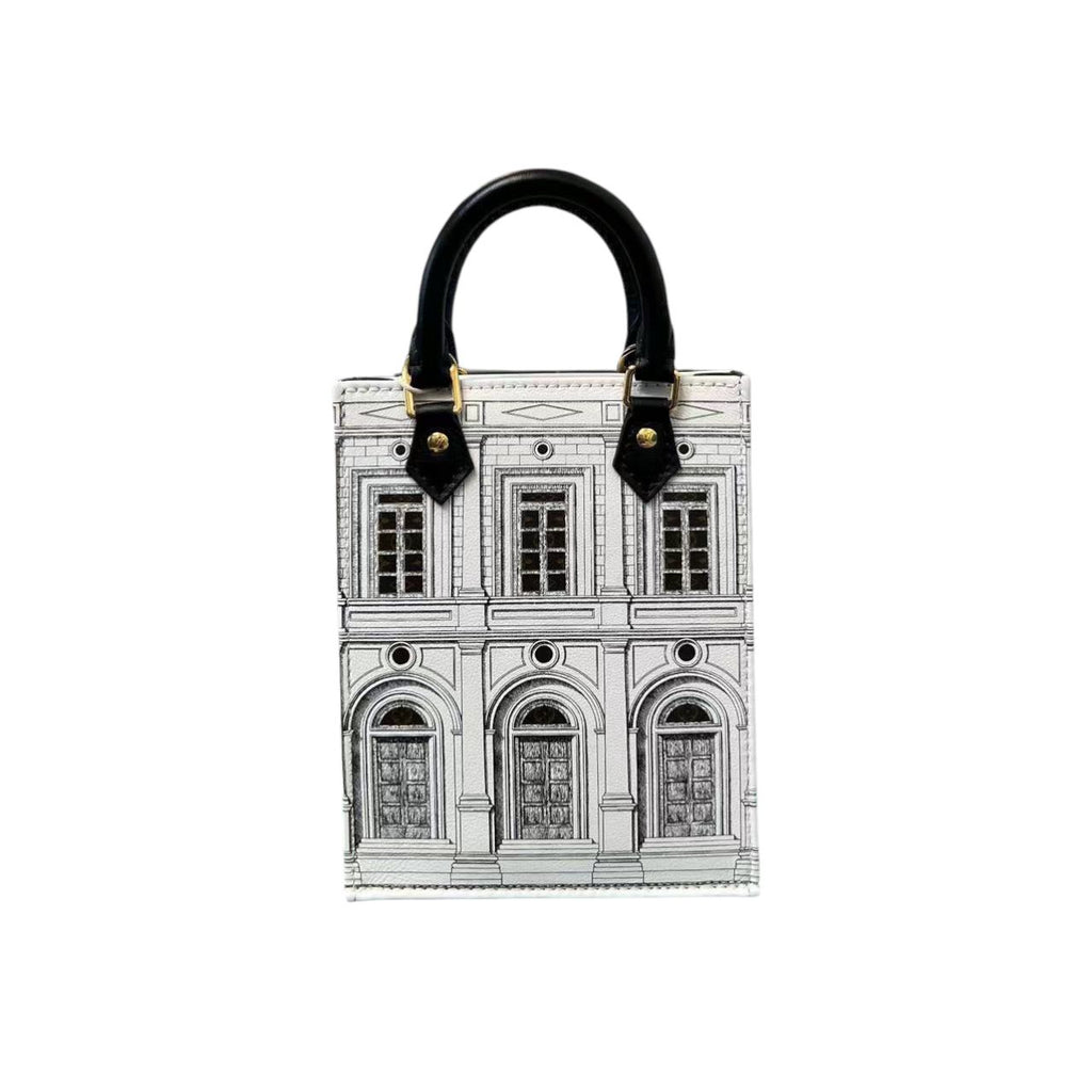 X Fornasetti Architettura Petit Sac Plat Calfskin Black White GHW