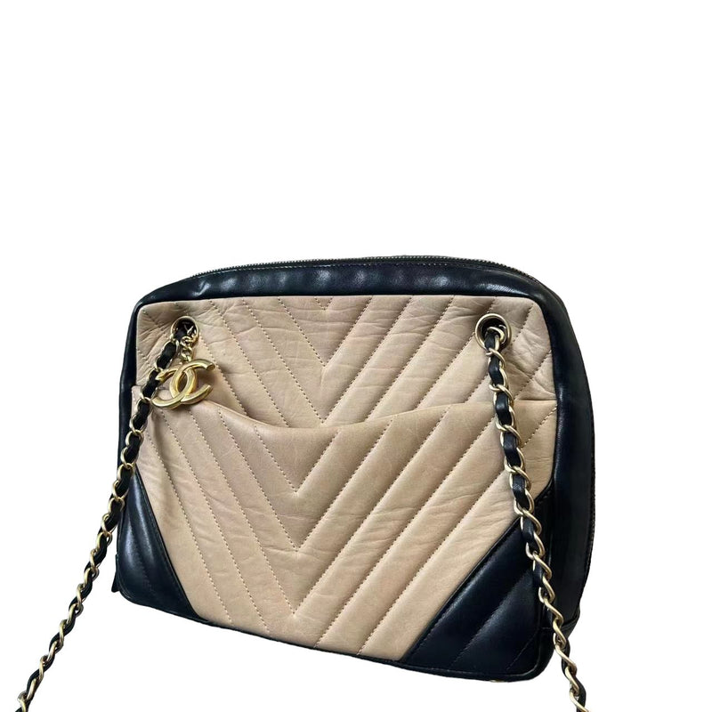 Camera Bag Lambskin Chevron Beige Black GHW