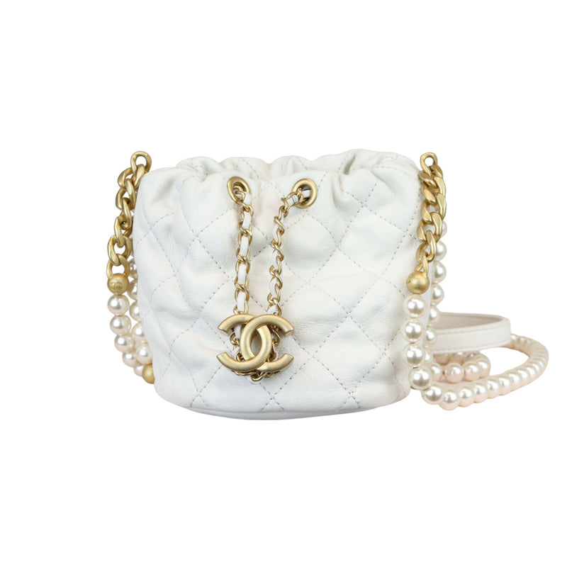 Pearl Drawstring Bucket Mini Calfskin Quilted White GHW