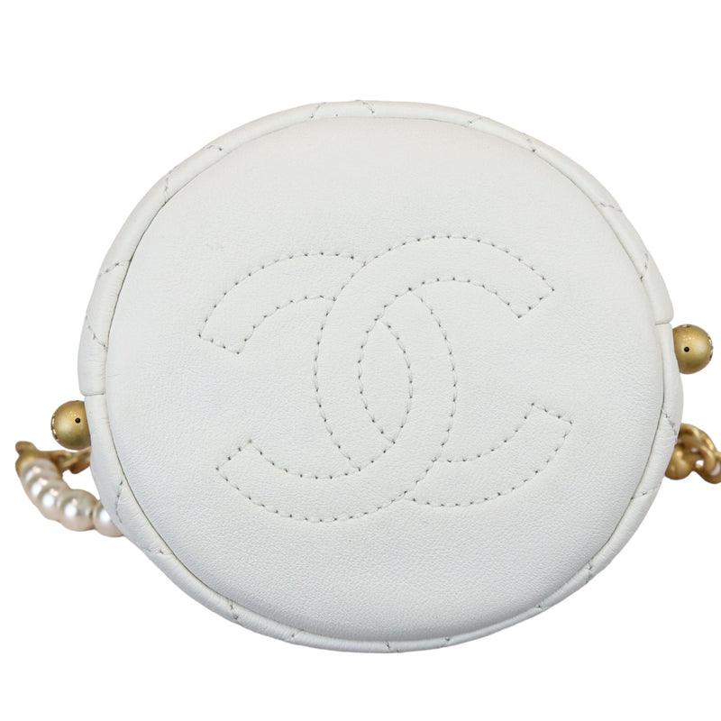 Pearl Drawstring Bucket Mini Calfskin Quilted White GHW