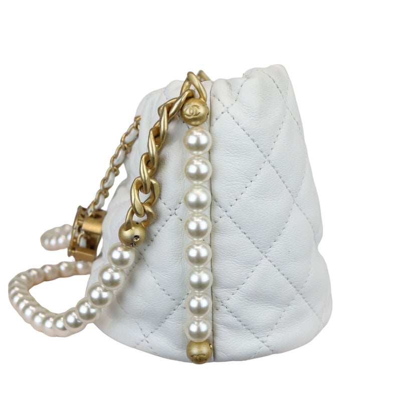 Pearl Drawstring Bucket Mini Calfskin Quilted White GHW