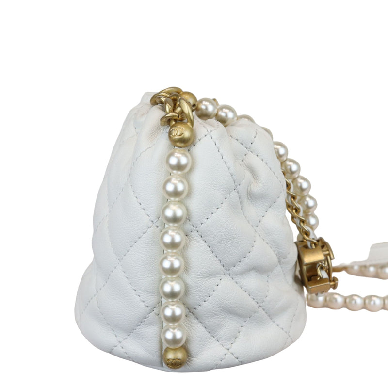 Pearl Drawstring Bucket Mini Calfskin Quilted White GHW