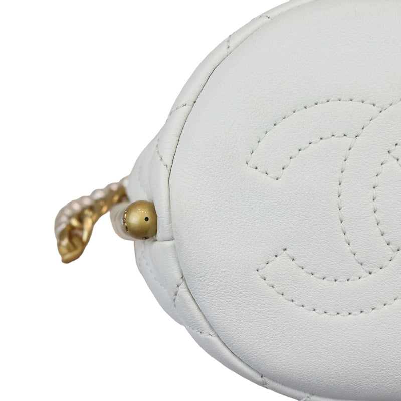 Pearl Drawstring Bucket Mini Calfskin Quilted White GHW