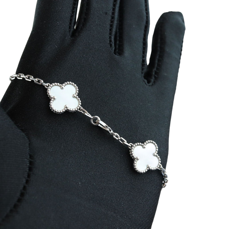 Mother of Pearl 5 Motifs Vintage Alhambra 18K White Gold Bracelet