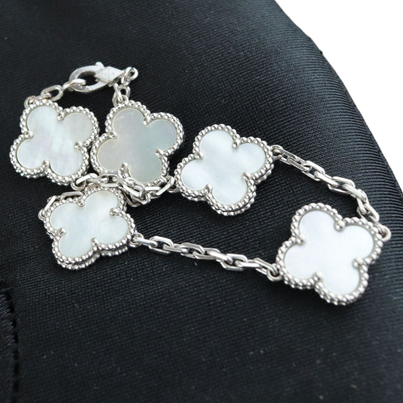 Mother of Pearl 5 Motifs Vintage Alhambra 18K White Gold Bracelet