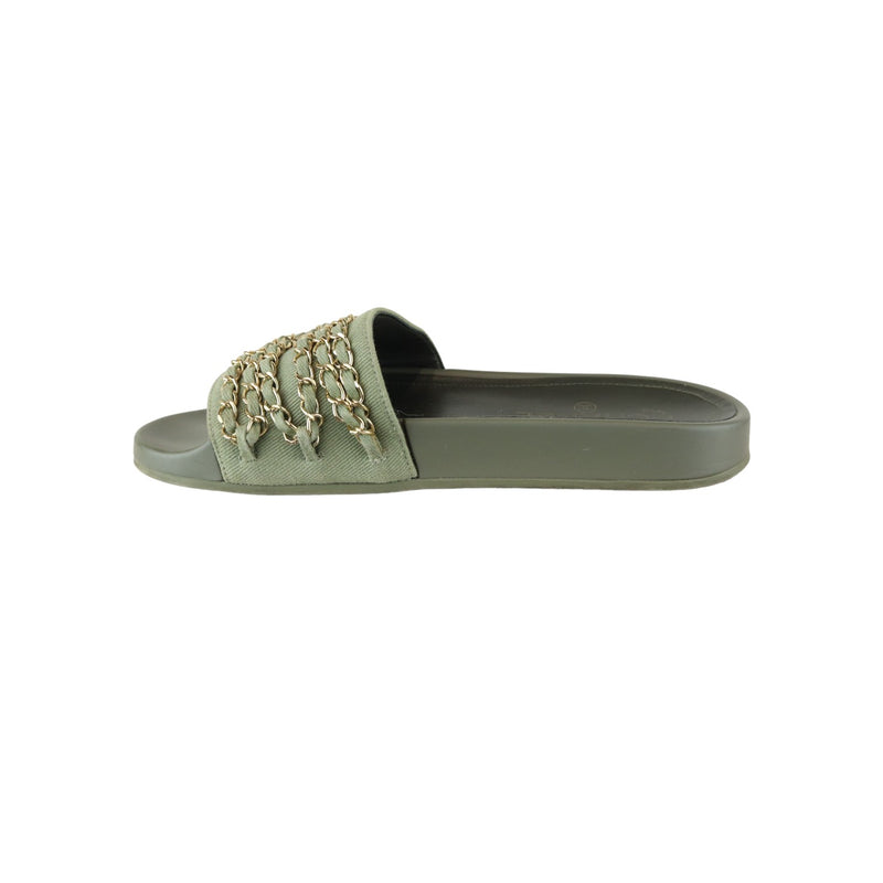 Chain Flat Sandals Canvas Green Size 38 GHW