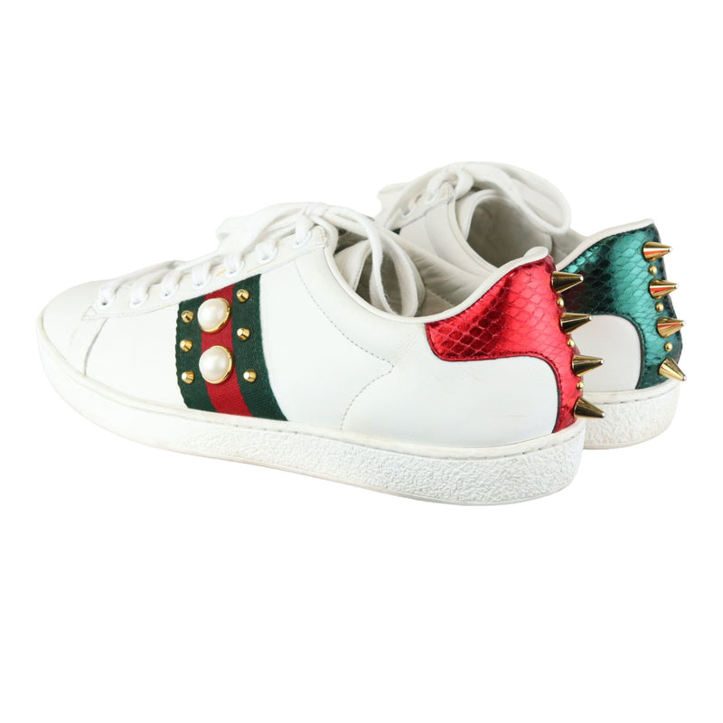 Web Pearl Studded Women Ace Sneakers Calfskin White Size 37